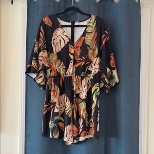 SHEIN Tropical Leaf Print Jumpsuit - Black, Green, Orange